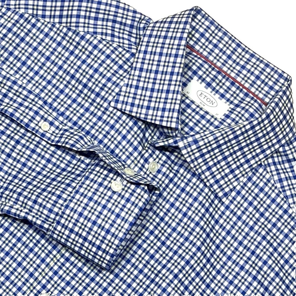 ETON Long Sleeve Button Up Shirt Mens XL Blue Plaid Lightweight Cotton Twill